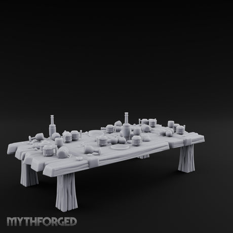 Mug-Crowded Cloth-Skirted Tavern Leftovers Table Miniature for Dungeons and Dragons, Pathfinder or other TTRPGs