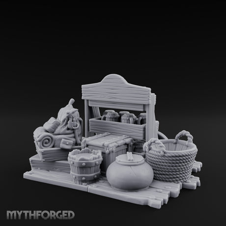 Mug-Stocked Basket-Rimmed Traveling Merchant Stall Scene Miniature for Dungeons and Dragons, Pathfinder or other TTRPGs