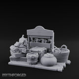 Mug-Stocked Basket-Rimmed Traveling Merchant Stall Scene Miniature for Dungeons and Dragons, Pathfinder or other TTRPGs