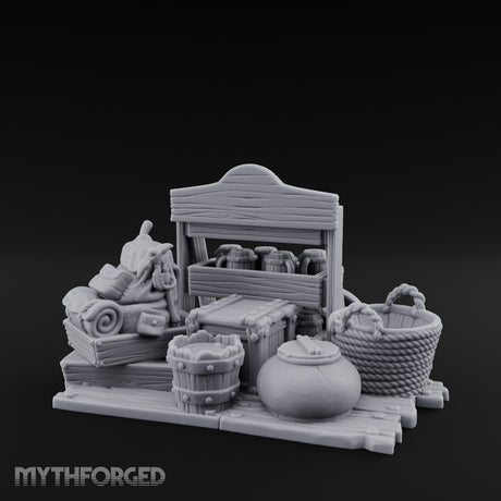 Mug-Stocked Basket-Rimmed Traveling Merchant Stall Scene Miniature for Dungeons and Dragons, Pathfinder or other TTRPGs
