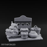 Mug-Stocked Basket-Rimmed Traveling Merchant Stall Scene Miniature for Dungeons and Dragons, Pathfinder or other TTRPGs