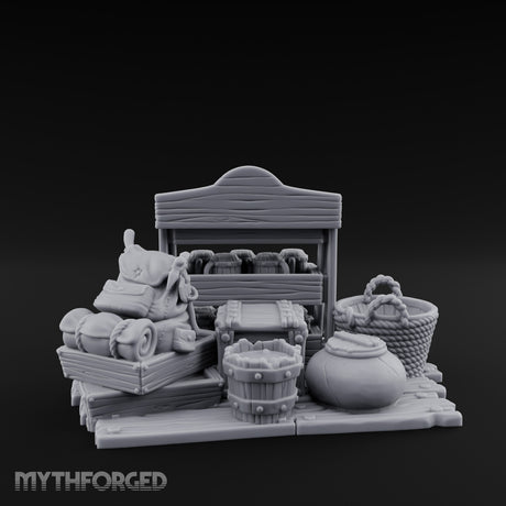 Mug-Stocked Basket-Rimmed Traveling Merchant Stall Scene Miniature for Dungeons and Dragons, Pathfinder or other TTRPGs