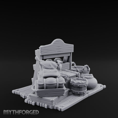 Mug-Stocked Basket-Rimmed Traveling Merchant Stall Scene Miniature for Dungeons and Dragons, Pathfinder or other TTRPGs