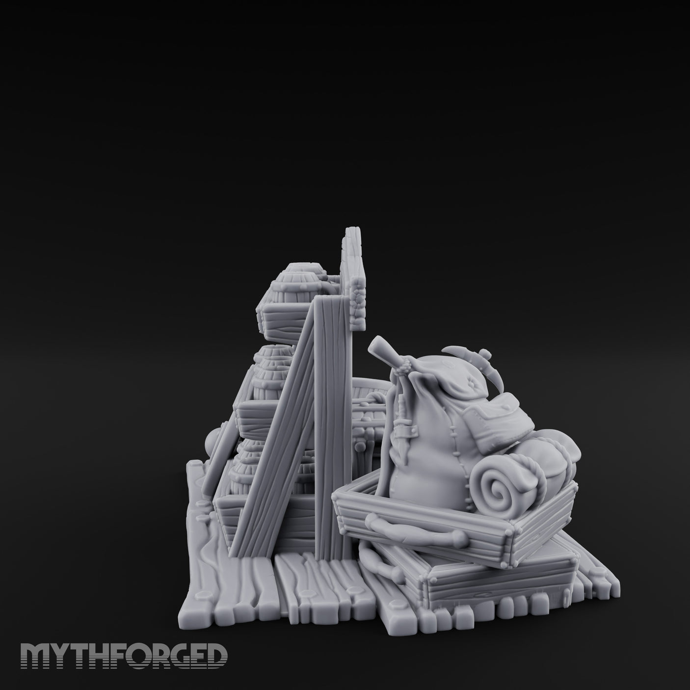 Mug-Stocked Basket-Rimmed Traveling Merchant Stall Scene Miniature for Dungeons and Dragons, Pathfinder or other TTRPGs