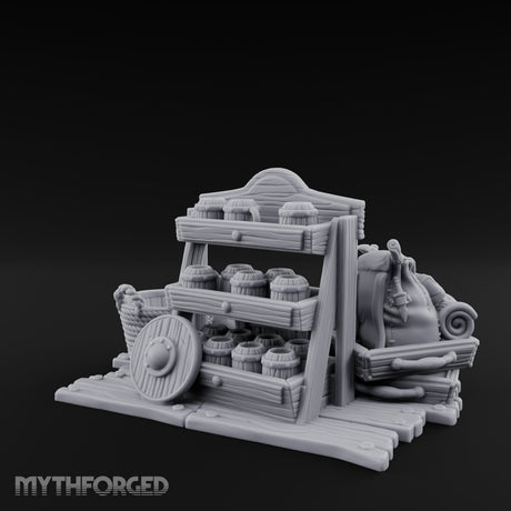 Mug-Stocked Basket-Rimmed Traveling Merchant Stall Scene Miniature for Dungeons and Dragons, Pathfinder or other TTRPGs