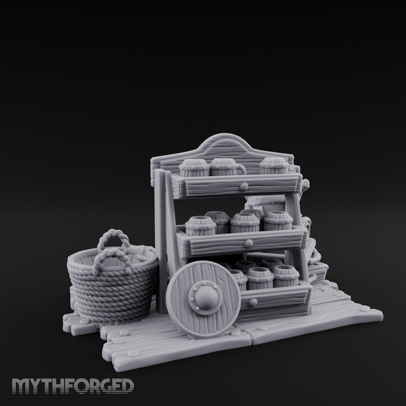 Mug-Stocked Basket-Rimmed Traveling Merchant Stall Scene Miniature for Dungeons and Dragons, Pathfinder or other TTRPGs