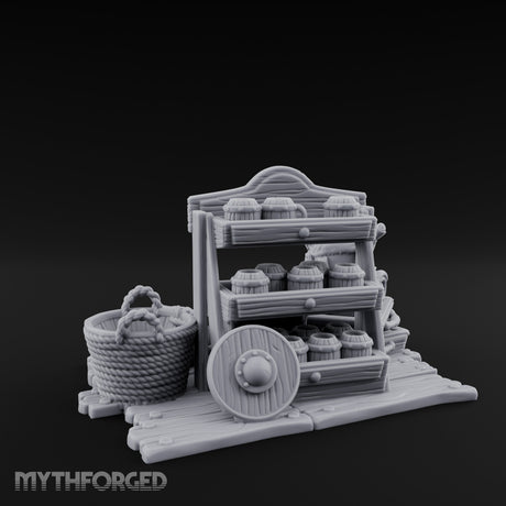Mug-Stocked Basket-Rimmed Traveling Merchant Stall Scene Miniature for Dungeons and Dragons, Pathfinder or other TTRPGs