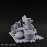 Mug-Stocked Basket-Rimmed Traveling Merchant Stall Scene Miniature for Dungeons and Dragons, Pathfinder or other TTRPGs