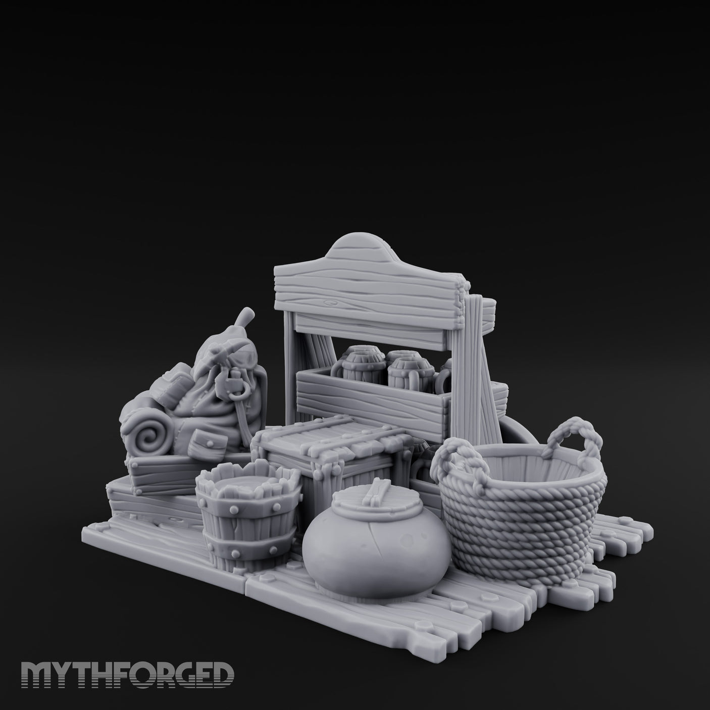 Mug-Stocked Basket-Rimmed Traveling Merchant Stall Scene Miniature for Dungeons and Dragons, Pathfinder or other TTRPGs