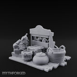 Mug-Stocked Basket-Rimmed Traveling Merchant Stall Scene Miniature for Dungeons and Dragons, Pathfinder or other TTRPGs