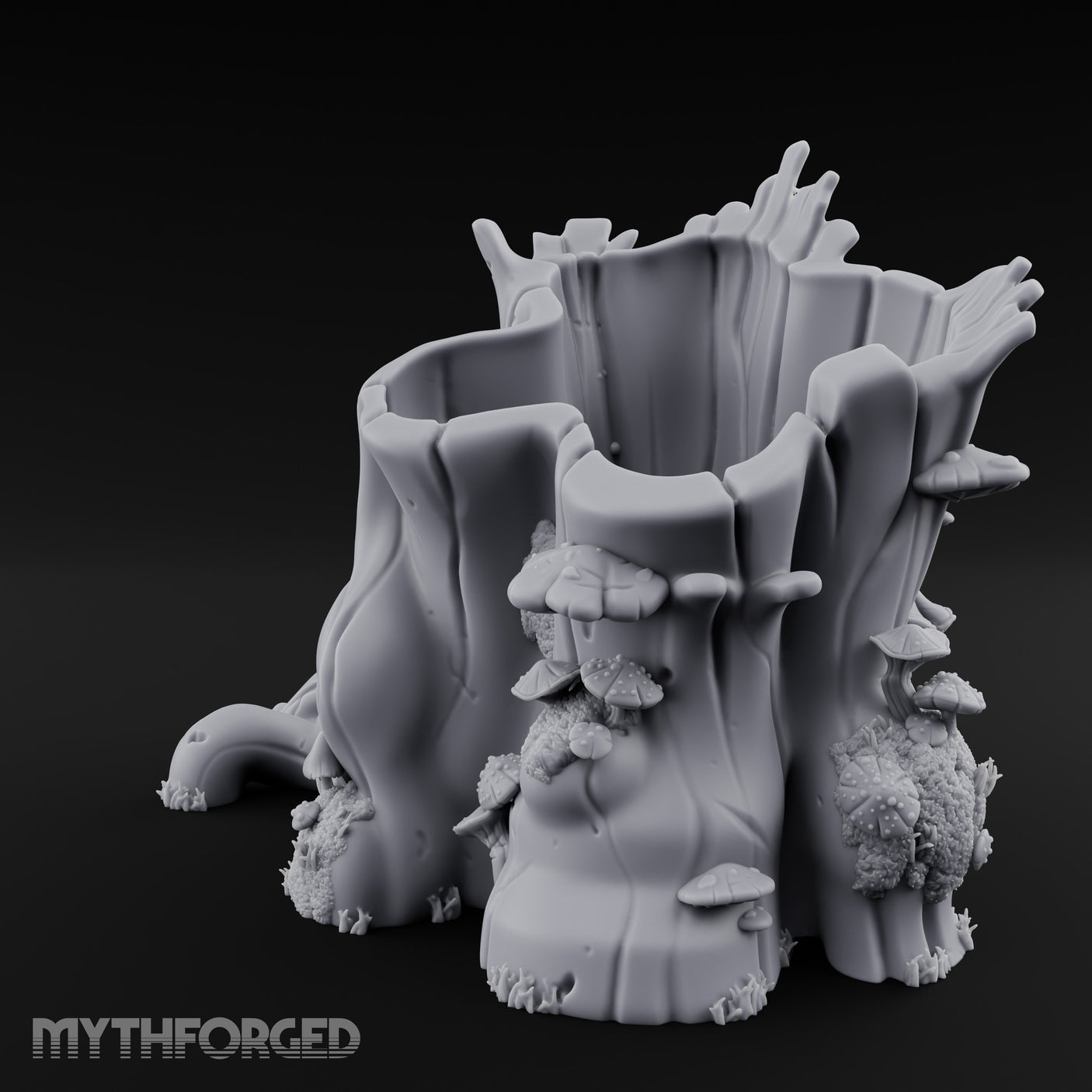 Mushroom-Dotted Hollow-Cored Forest Stump Hollow Miniature for Dungeons and Dragons, Pathfinder or other TTRPGs