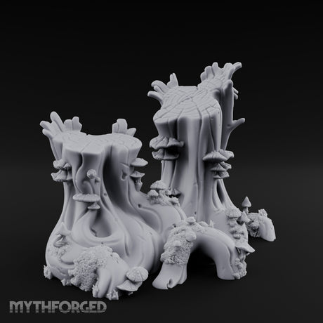 Mushroom-Speckled Bark-Hollowed Forest Stump Duo Miniature for Dungeons and Dragons, Pathfinder or other TTRPGs