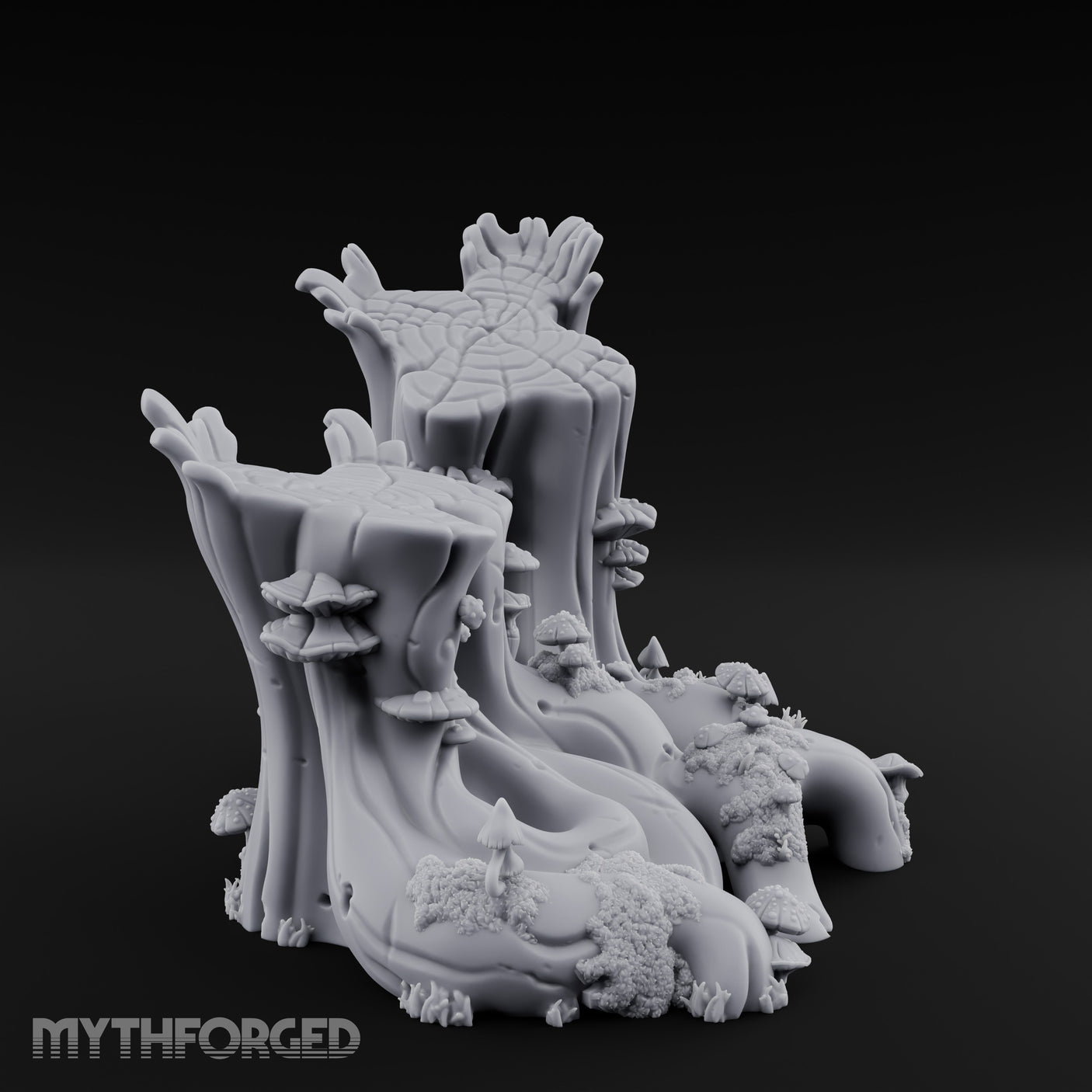 Mushroom-Speckled Bark-Hollowed Forest Stump Duo Miniature for Dungeons and Dragons, Pathfinder or other TTRPGs