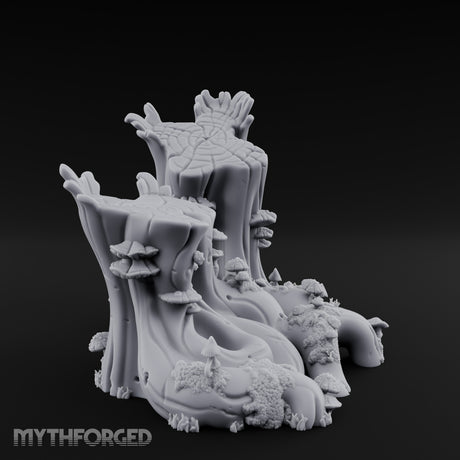 Mushroom-Speckled Bark-Hollowed Forest Stump Duo Miniature for Dungeons and Dragons, Pathfinder or other TTRPGs