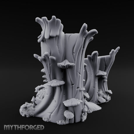 Mushroom-Speckled Bark-Hollowed Forest Stump Duo Miniature for Dungeons and Dragons, Pathfinder or other TTRPGs