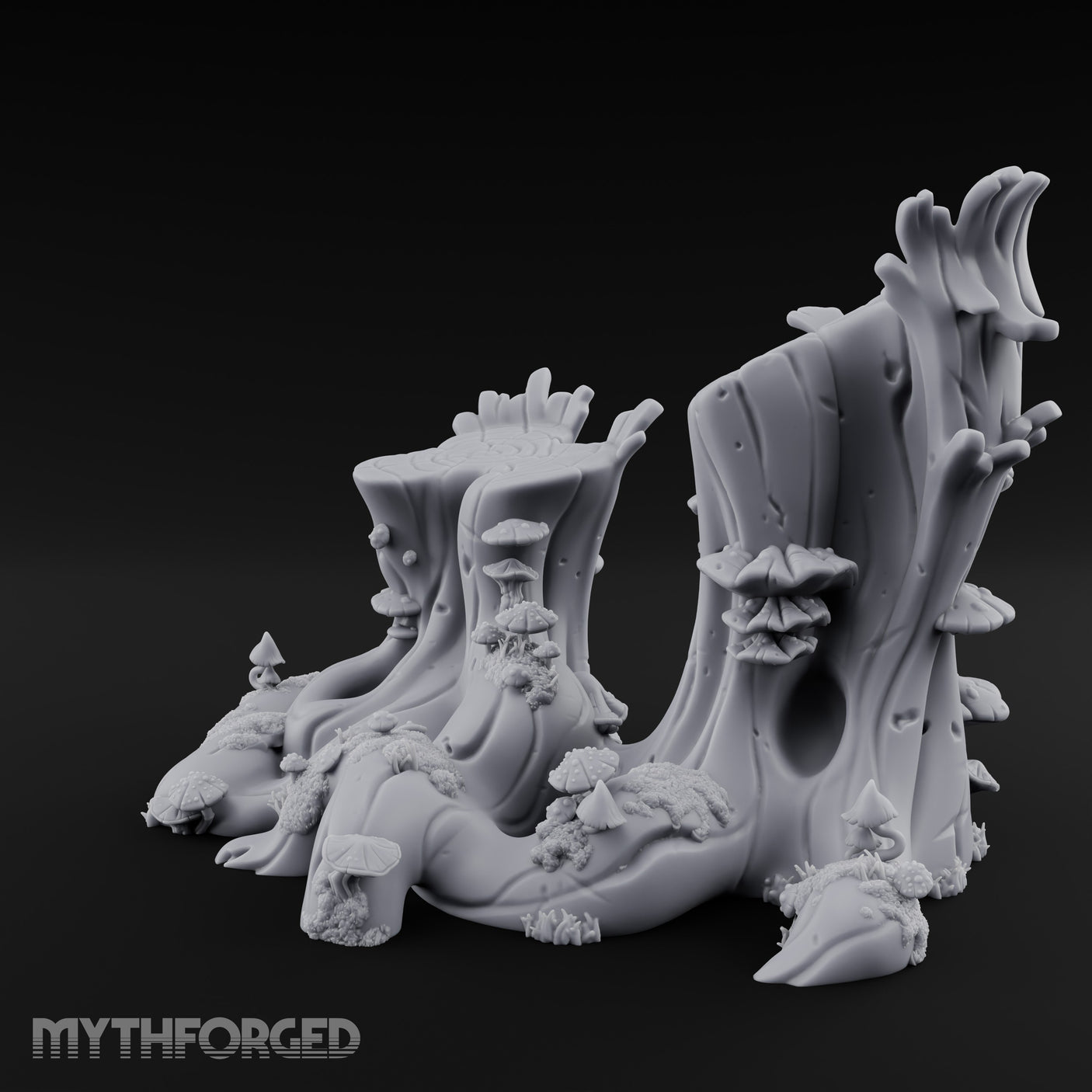 Mushroom-Speckled Bark-Hollowed Forest Stump Duo Miniature for Dungeons and Dragons, Pathfinder or other TTRPGs