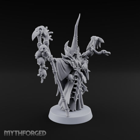 Still Learning, Already Grim Human Necromancer Apprentice with Skull Staff and Skeletal Vulture