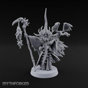 Still Learning, Already Grim Human Necromancer Apprentice with Skull Staff and Skeletal Vulture