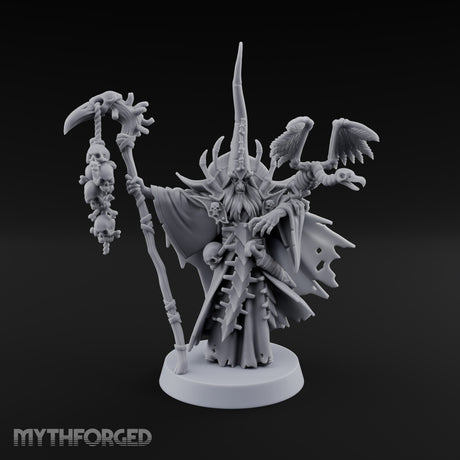 Still Learning, Already Grim Human Necromancer Apprentice with Skull Staff and Skeletal Vulture