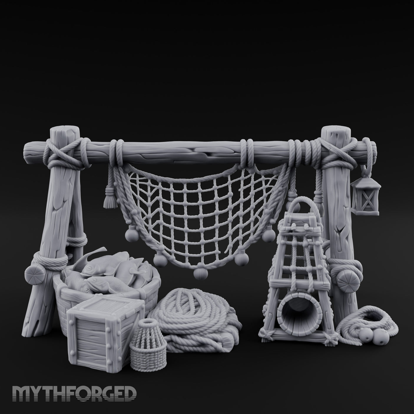 Net-Draped Catch-Laden Dockside Fishing Scatter Set Miniature for Dungeons and Dragons, Pathfinder or other TTRPGs