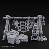 Net-Draped Catch-Laden Dockside Fishing Scatter Set Miniature for Dungeons and Dragons, Pathfinder or other TTRPGs