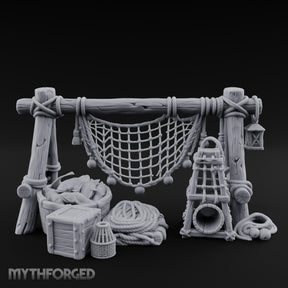 Net-Draped Catch-Laden Dockside Fishing Scatter Set Miniature for Dungeons and Dragons, Pathfinder or other TTRPGs