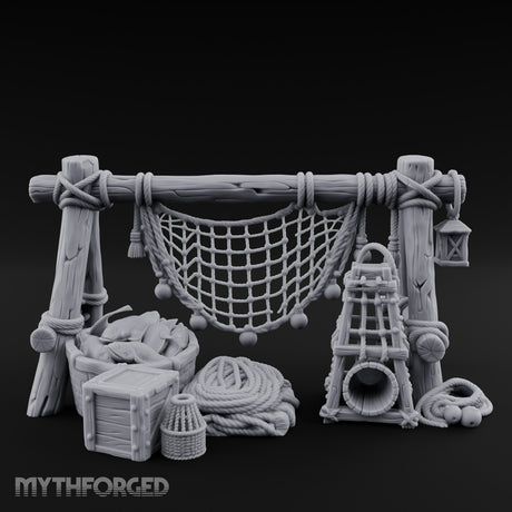 Net-Draped Catch-Laden Dockside Fishing Scatter Set Miniature for Dungeons and Dragons, Pathfinder or other TTRPGs