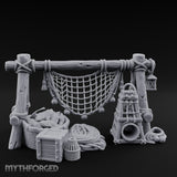 Net-Draped Catch-Laden Dockside Fishing Scatter Set Miniature for Dungeons and Dragons, Pathfinder or other TTRPGs