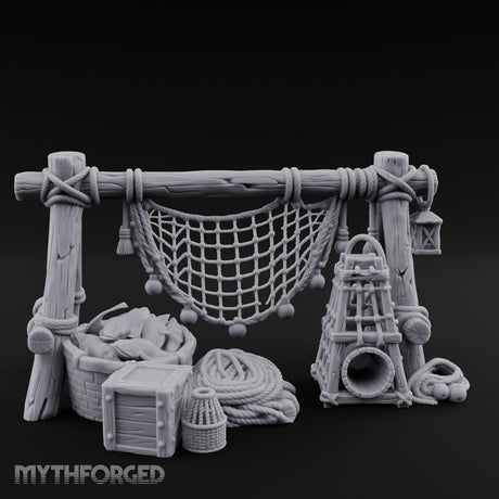 Net-Draped Catch-Laden Dockside Fishing Scatter Set Miniature for Dungeons and Dragons, Pathfinder or other TTRPGs