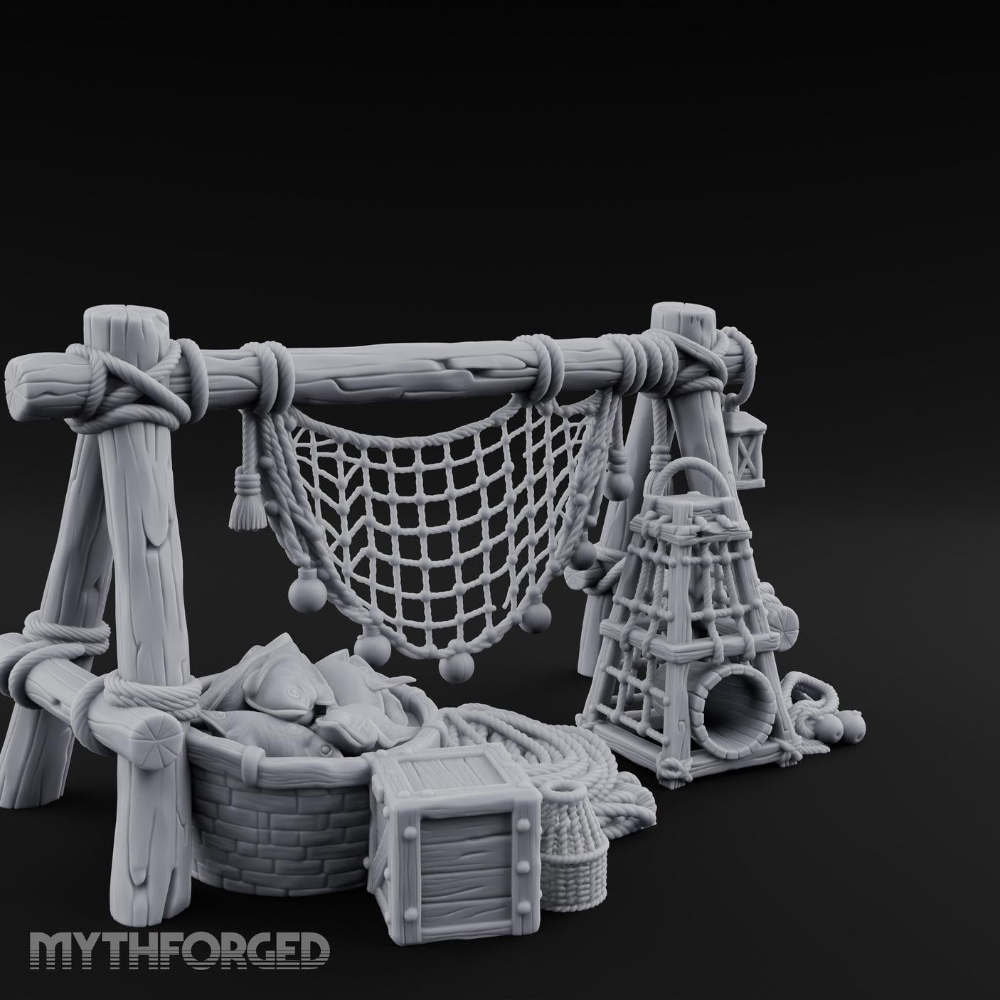 Net-Draped Catch-Laden Dockside Fishing Scatter Set Miniature for Dungeons and Dragons, Pathfinder or other TTRPGs