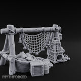 Net-Draped Catch-Laden Dockside Fishing Scatter Set Miniature for Dungeons and Dragons, Pathfinder or other TTRPGs