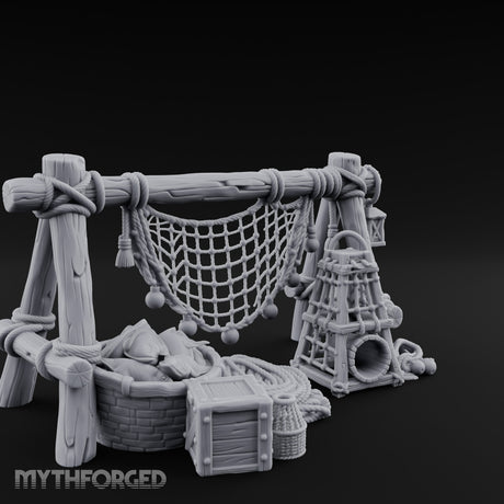 Net-Draped Catch-Laden Dockside Fishing Scatter Set Miniature for Dungeons and Dragons, Pathfinder or other TTRPGs