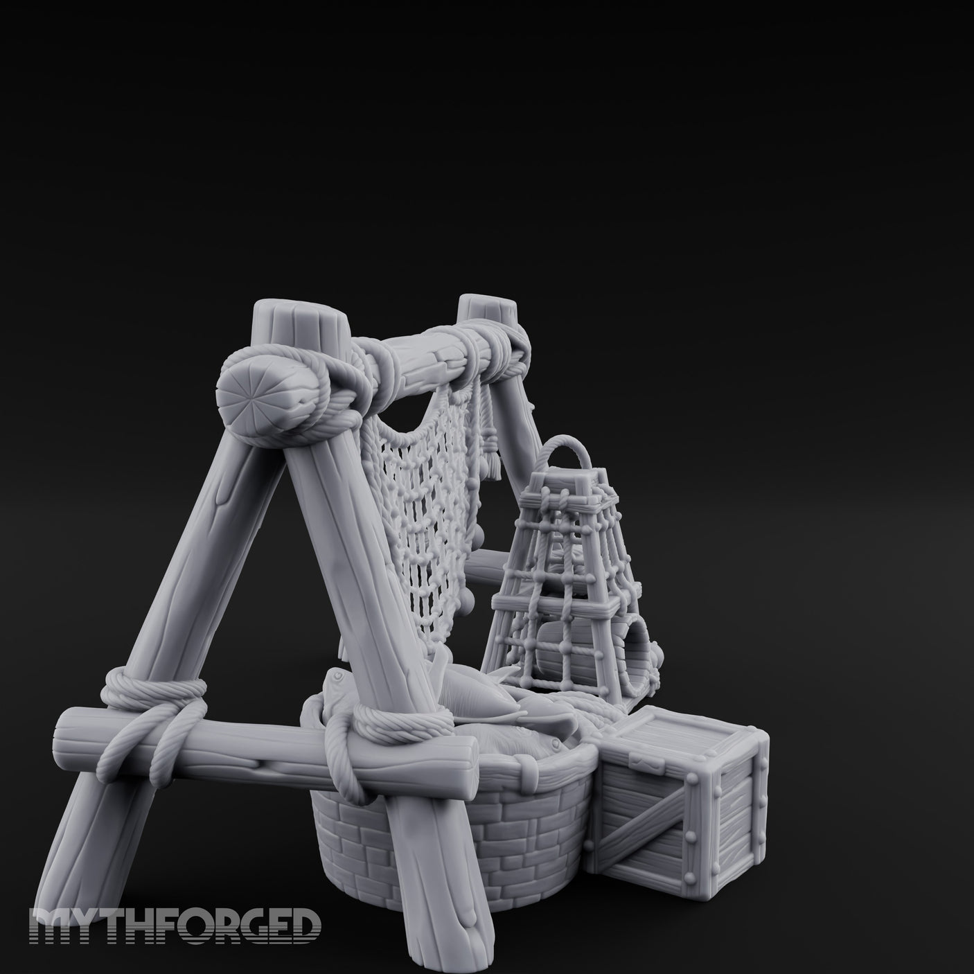 Net-Draped Catch-Laden Dockside Fishing Scatter Set Miniature for Dungeons and Dragons, Pathfinder or other TTRPGs