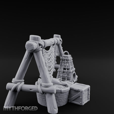 Net-Draped Catch-Laden Dockside Fishing Scatter Set Miniature for Dungeons and Dragons, Pathfinder or other TTRPGs