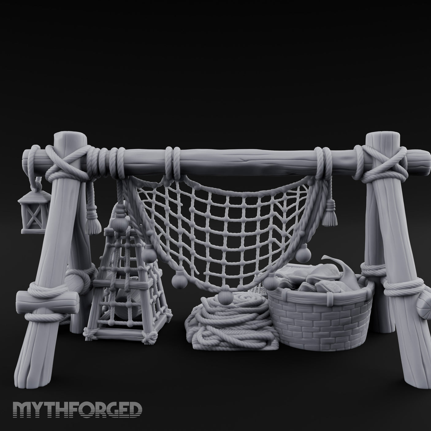 Net-Draped Catch-Laden Dockside Fishing Scatter Set Miniature for Dungeons and Dragons, Pathfinder or other TTRPGs