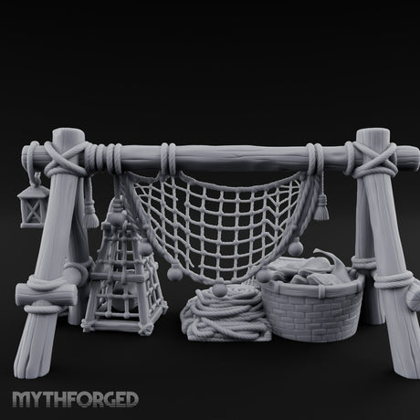 Net-Draped Catch-Laden Dockside Fishing Scatter Set Miniature for Dungeons and Dragons, Pathfinder or other TTRPGs