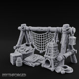Net-Draped Catch-Laden Dockside Fishing Scatter Set Miniature for Dungeons and Dragons, Pathfinder or other TTRPGs