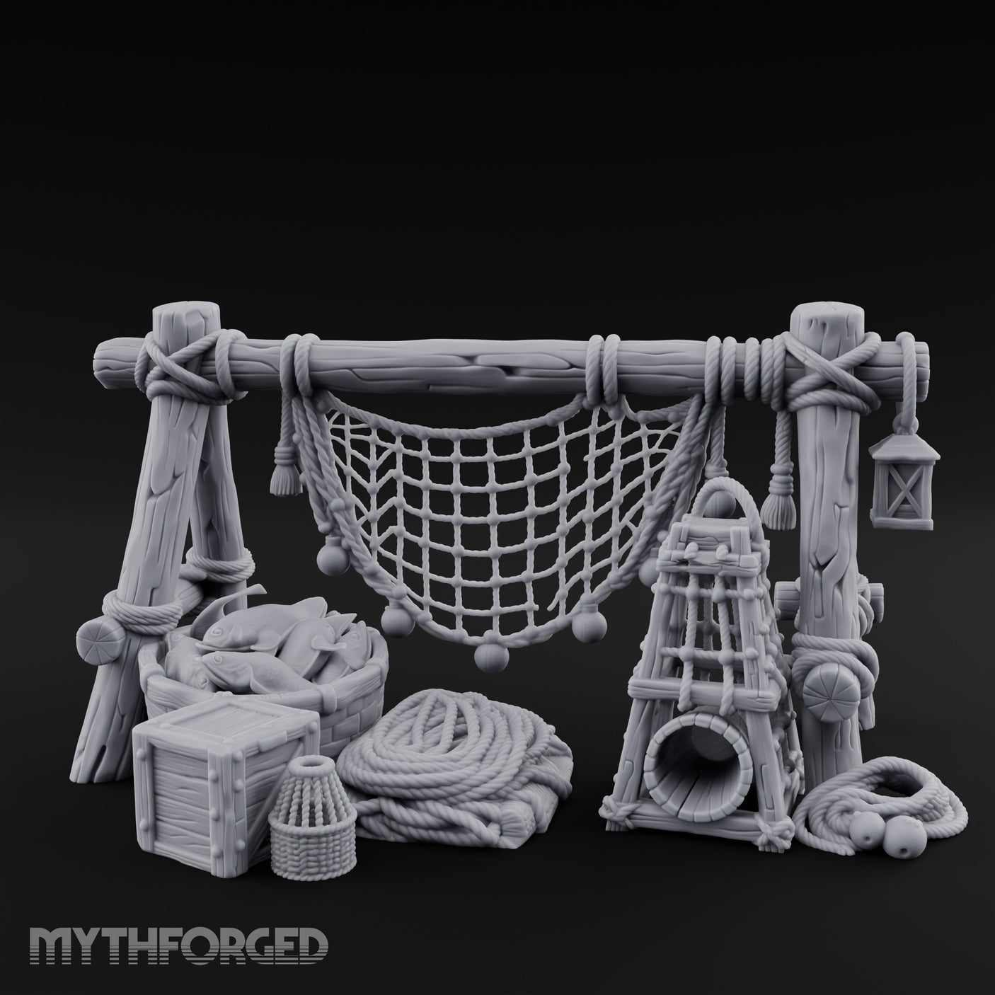 Net-Draped Catch-Laden Dockside Fishing Scatter Set Miniature for Dungeons and Dragons, Pathfinder or other TTRPGs