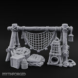 Net-Draped Catch-Laden Dockside Fishing Scatter Set Miniature for Dungeons and Dragons, Pathfinder or other TTRPGs