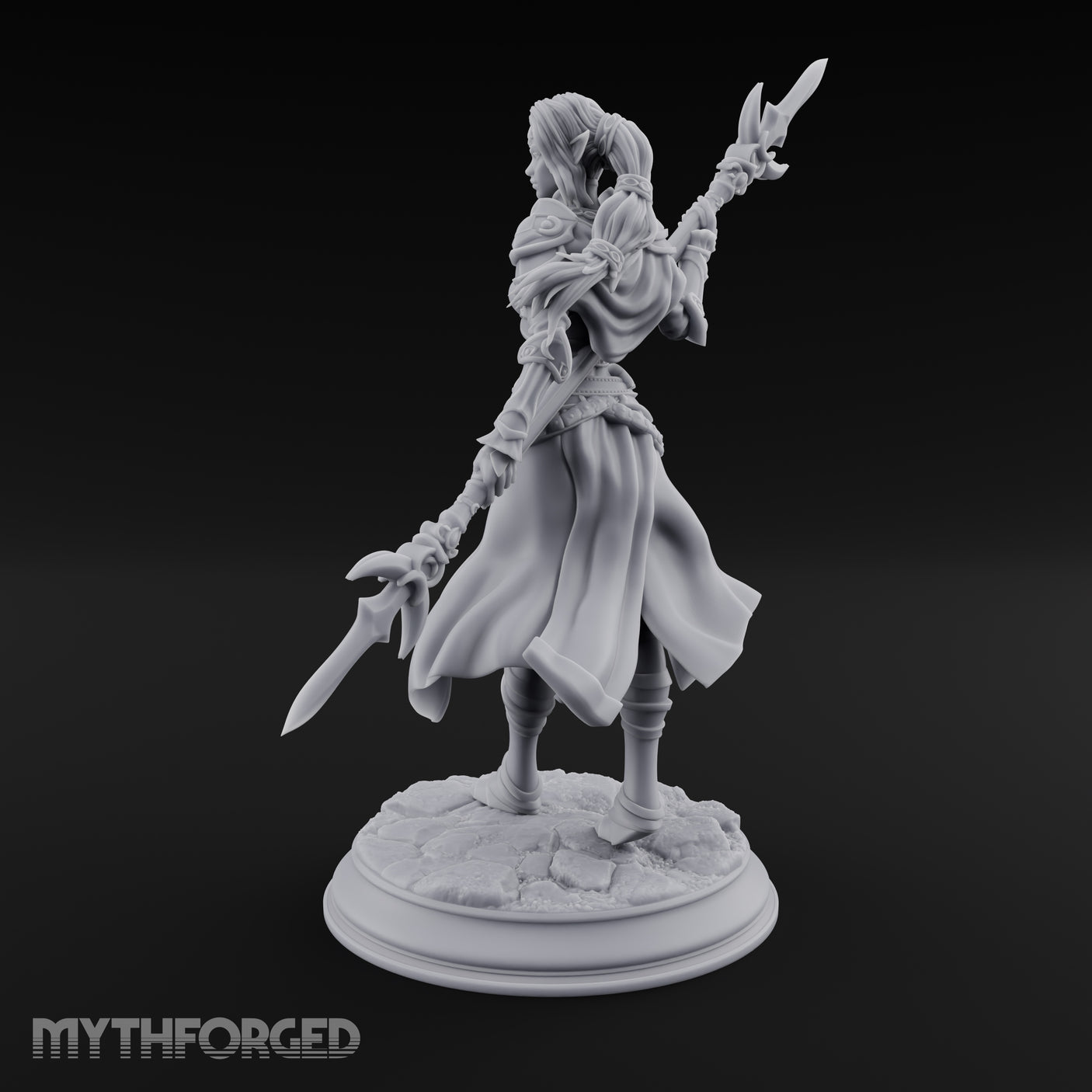 Twirling Double-Ended Elf Spearmaiden Miniature for Dungeons and Dragons, Pathfinder or other TTRPGs