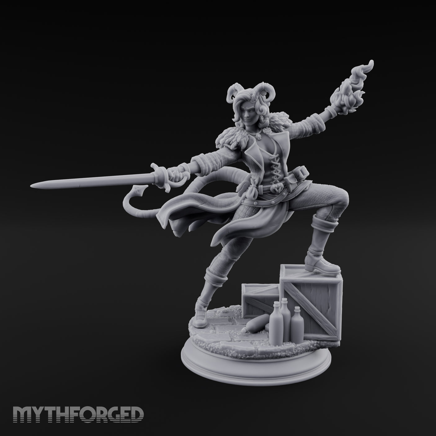Flame Flinging Swashbuckling Tiefling Swashbuckler Miniature for Dungeons and Dragons, Pathfinder or other TTRPGs