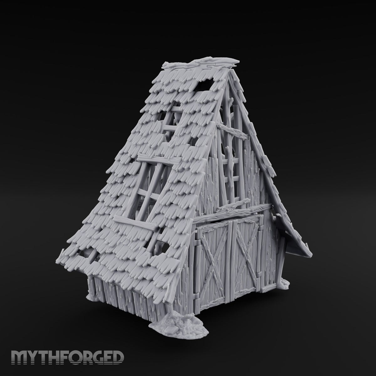 Hayloft Gone Hollow Ruined A-Frame Wooden Barn with Double Doors and Open Loft