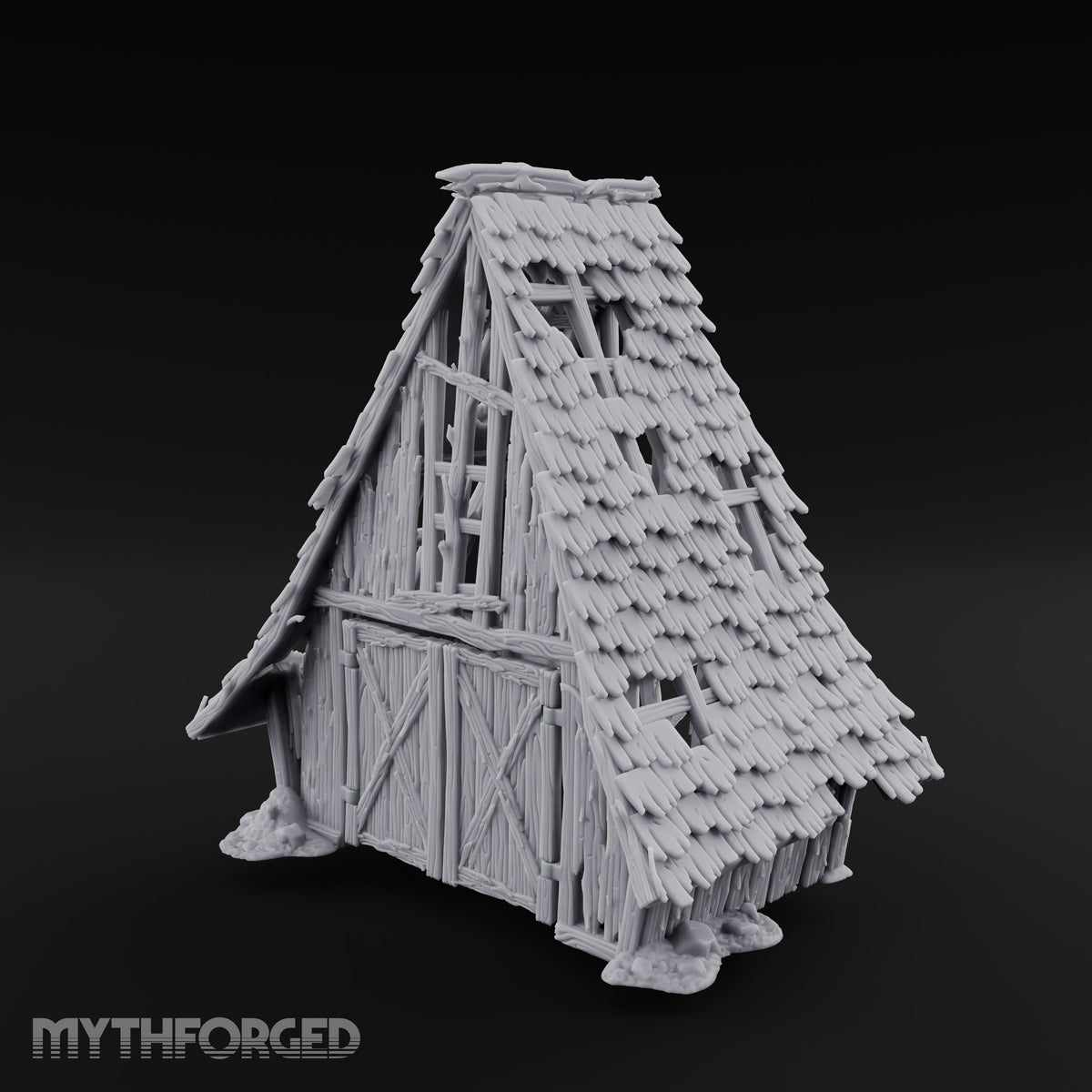 Hayloft Gone Hollow Ruined A-Frame Wooden Barn with Double Doors and Open Loft