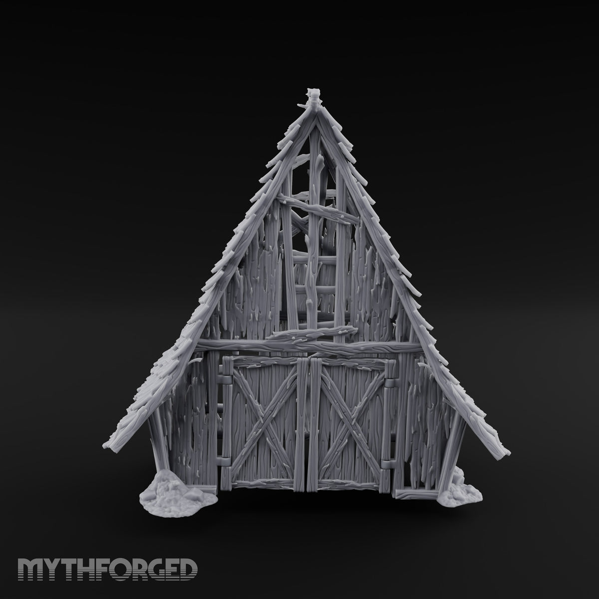 Hayloft Gone Hollow Ruined A-Frame Wooden Barn with Double Doors and Open Loft