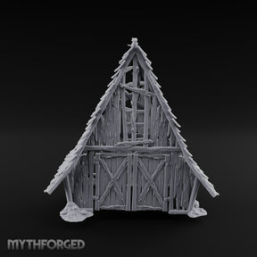 Hayloft Gone Hollow Ruined A-Frame Wooden Barn with Double Doors and Open Loft