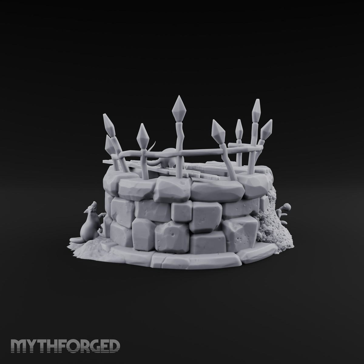 Rats Found the Bottom First Ruined Stone Well with Spiked Fence, Wooden Planks and Rats on Scenic Base