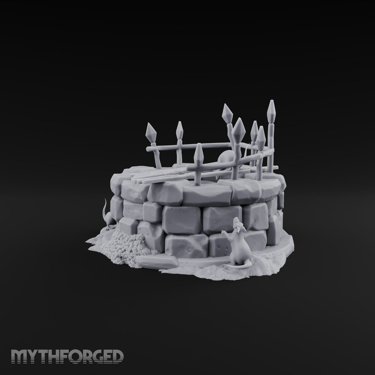 Rats Found the Bottom First Ruined Stone Well with Spiked Fence, Wooden Planks and Rats on Scenic Base
