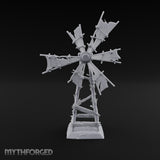 Wind Stopped Asking Ruined Wooden Windmill with Tattered Sails on Cracked Stone Base
