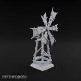 Wind Stopped Asking Ruined Wooden Windmill with Tattered Sails on Cracked Stone Base