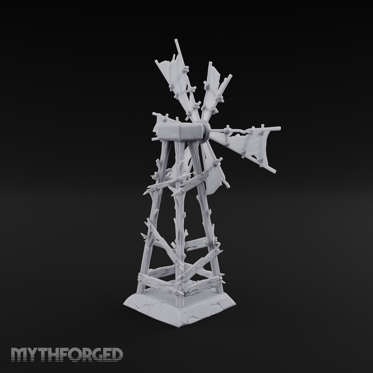 Wind Stopped Asking Ruined Wooden Windmill with Tattered Sails on Cracked Stone Base